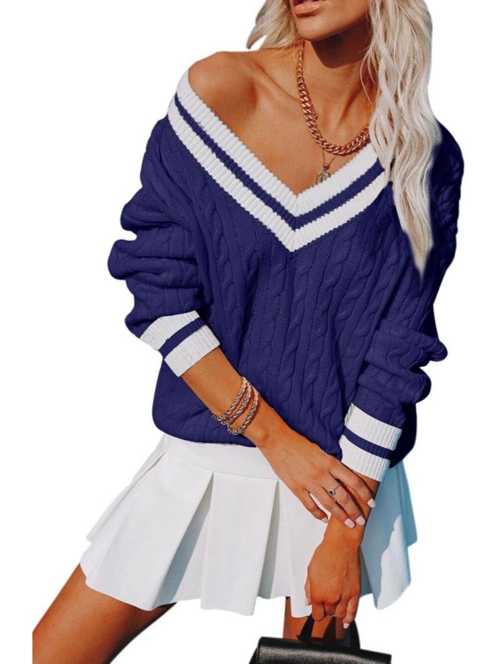 Women's Navy Blue V Neck Long Sleeve Cable Knit Pullover Striped Chunky Sweater